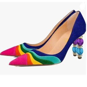 FOWT Navy Rainbow Wave Pointed Toe Party Pumps Jewelry High Heel Rainbow Shoes
